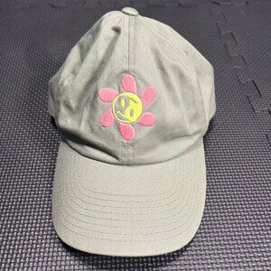 Volcom Olive Green Strapback Hat With Pink Smiley Flower Embroidery Adjustable C